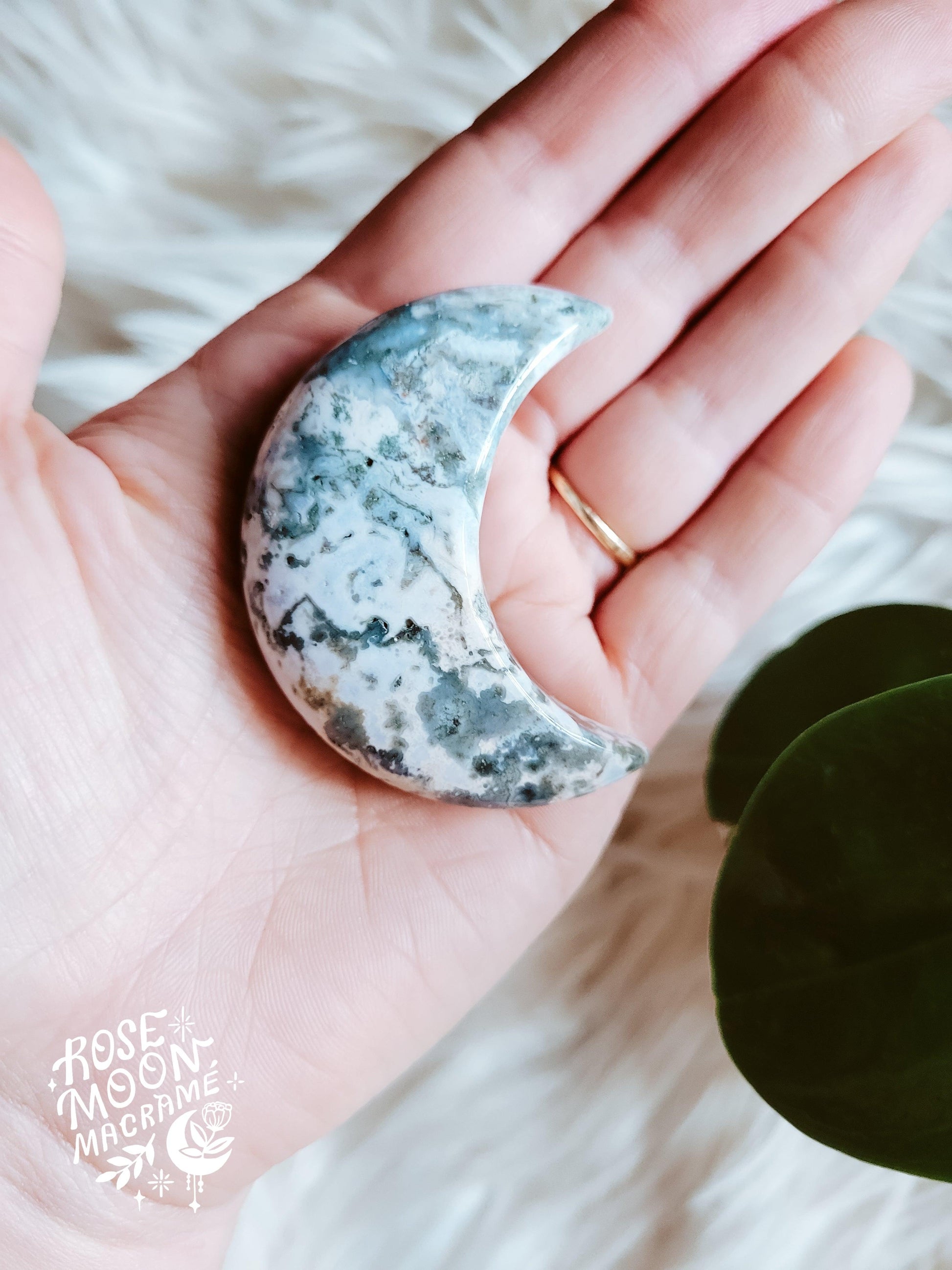 Large Moss Agate Carved Moons - RoseMoonMacrame